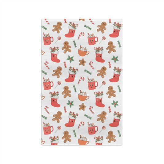 Christmas Cookie Pattern Microfiber Tea Towel — Gingerbread, Stockings & Candy Cane Holiday Kitchen Towel