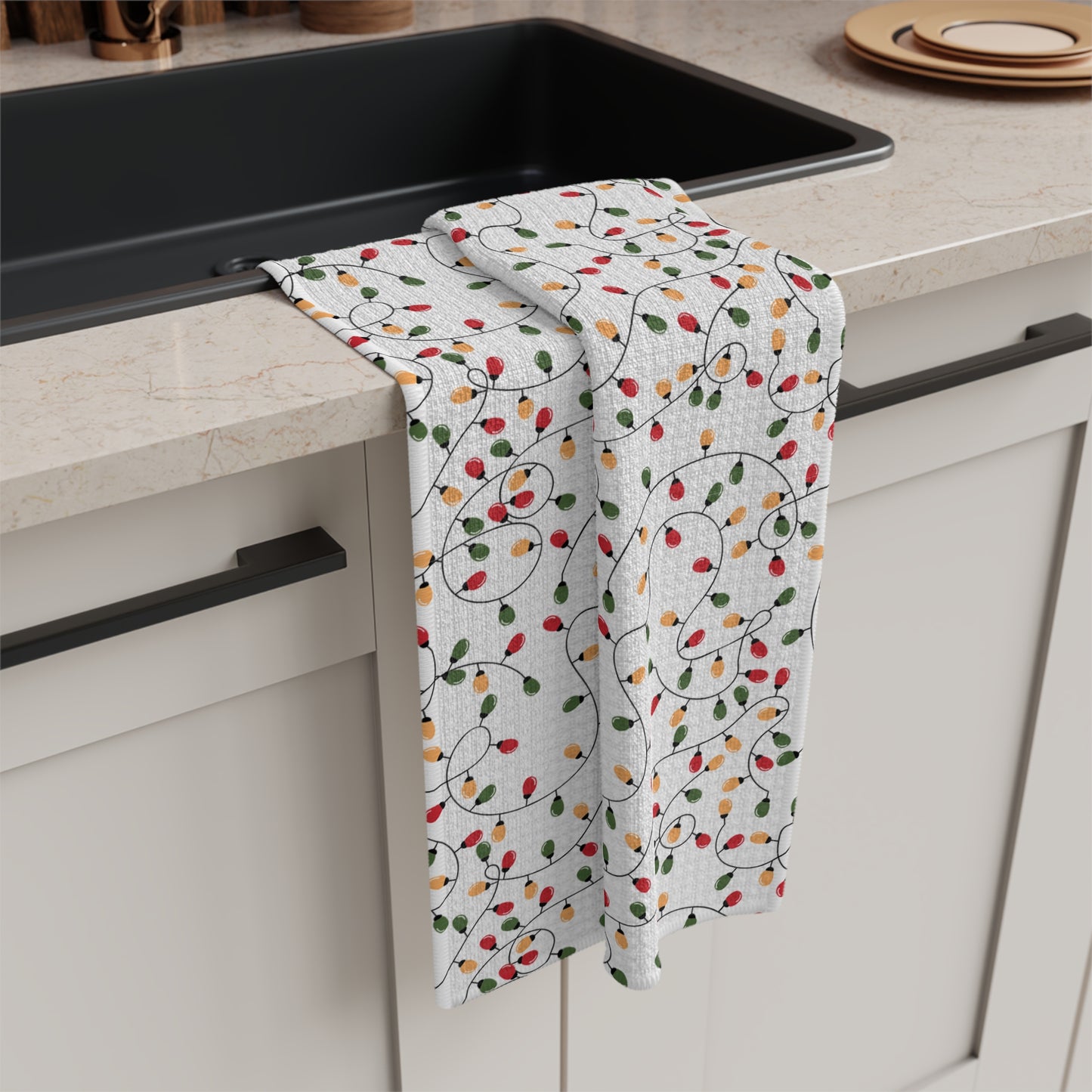 Holiday String Lights Microfiber Tea Towel — Christmas Kitchen Decor