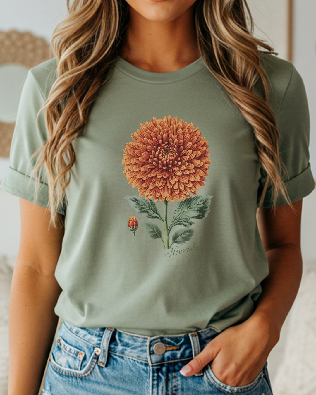 November Birth Flower Tee — Vintage Botanical Chrysanthemum