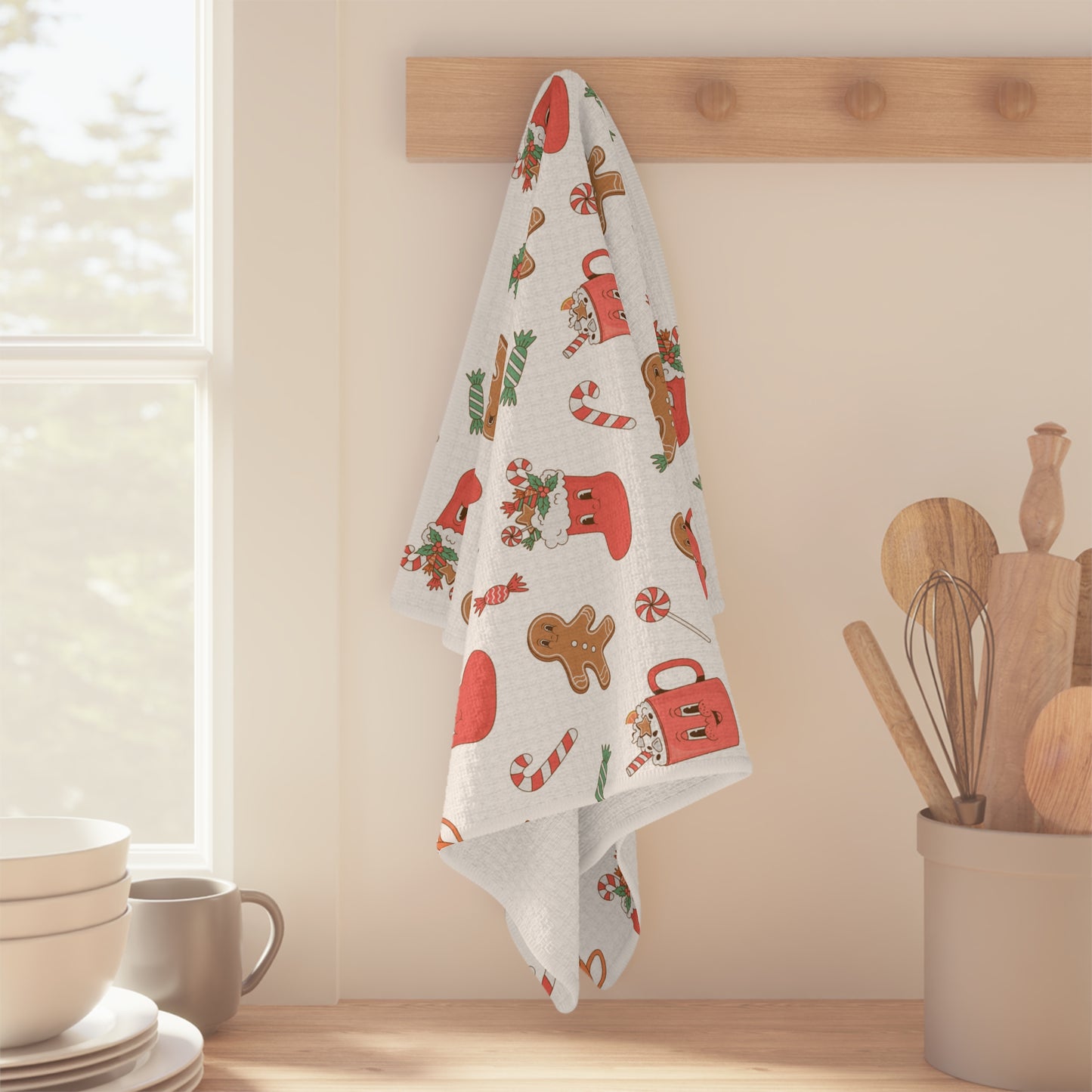 Christmas Cookie Pattern Microfiber Tea Towel — Gingerbread, Stockings & Candy Cane Holiday Kitchen Towel