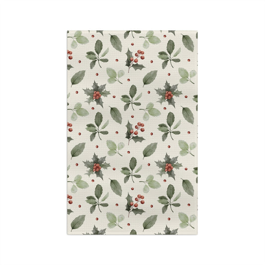 Holiday Holly Microfiber Tea Towel – Festive Greenery & Red Berries Kitchen Towel