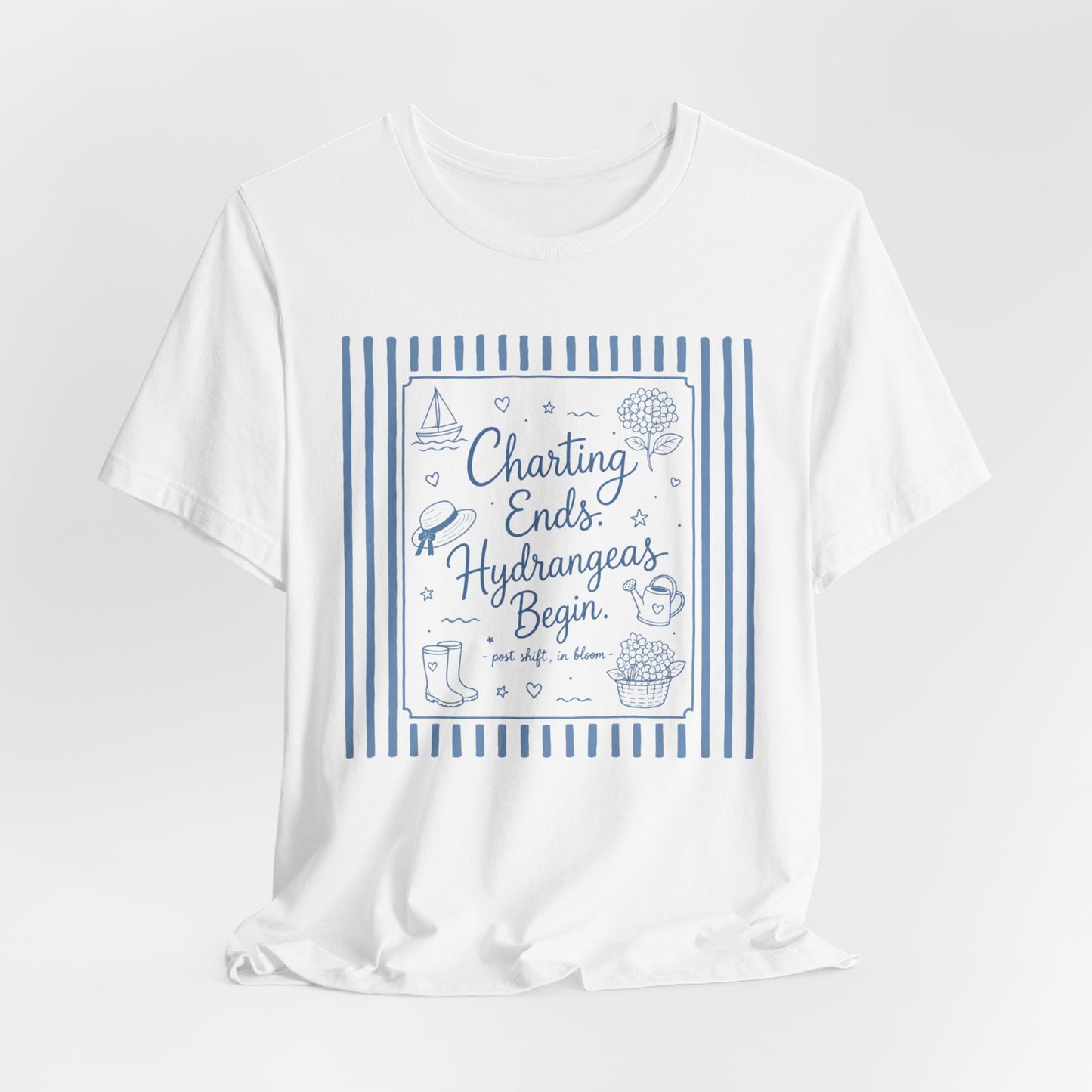 Charting Ends, Hydrangeas Begin T‑Shirt — Nautical Floral Summer Tee