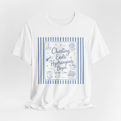 Charting Ends, Hydrangeas Begin T‑Shirt — Nautical Floral Summer Tee