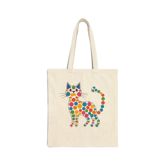 Canvas Tote Bag — Retro Polka Dot Cat Print Reusable Shopper