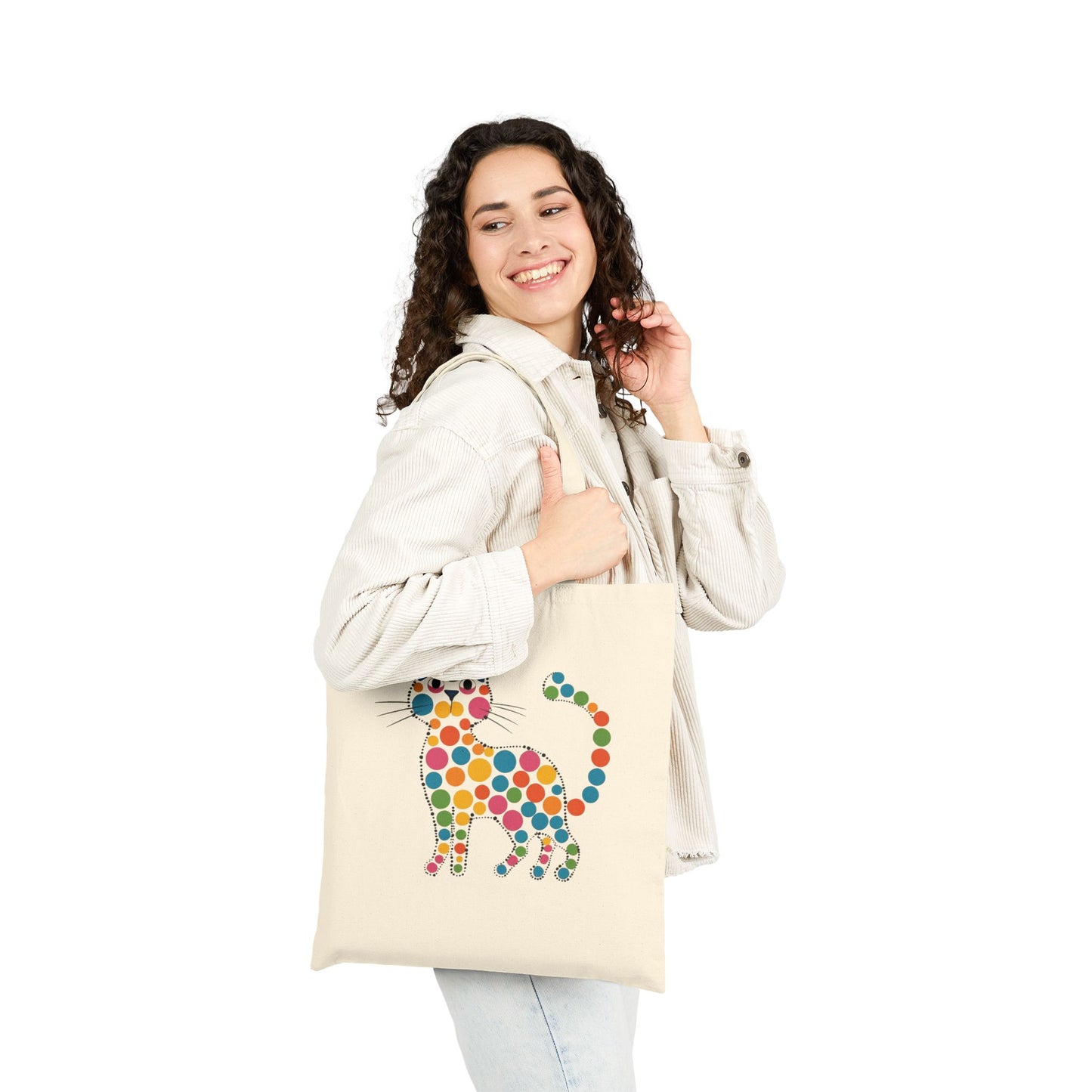 Canvas Tote Bag — Retro Polka Dot Cat Print Reusable Shopper