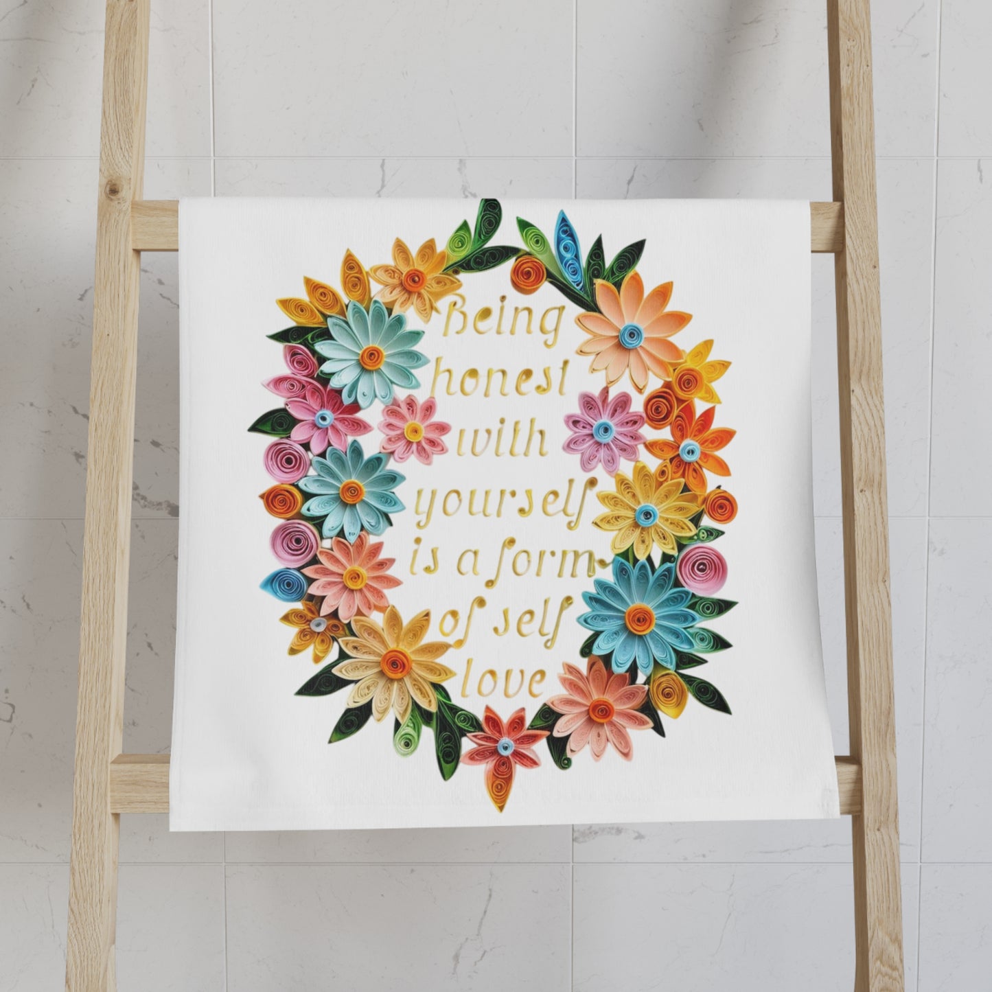 Floral Self-Love Hand Towel, Inspirational Kitchen Towel, Self-Care Gift, Flower Decor, Motivational Home Accessory