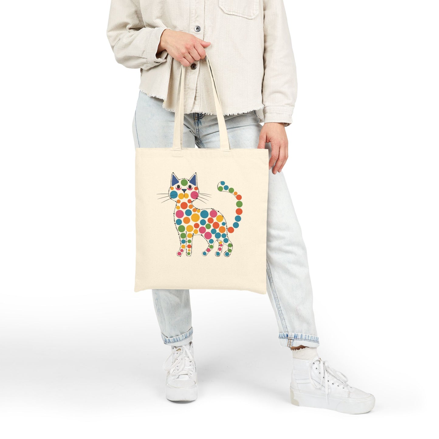 Canvas Tote Bag — Retro Polka Dot Cat Print Reusable Shopper