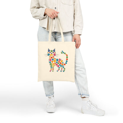 Canvas Tote Bag — Retro Polka Dot Cat Print Reusable Shopper
