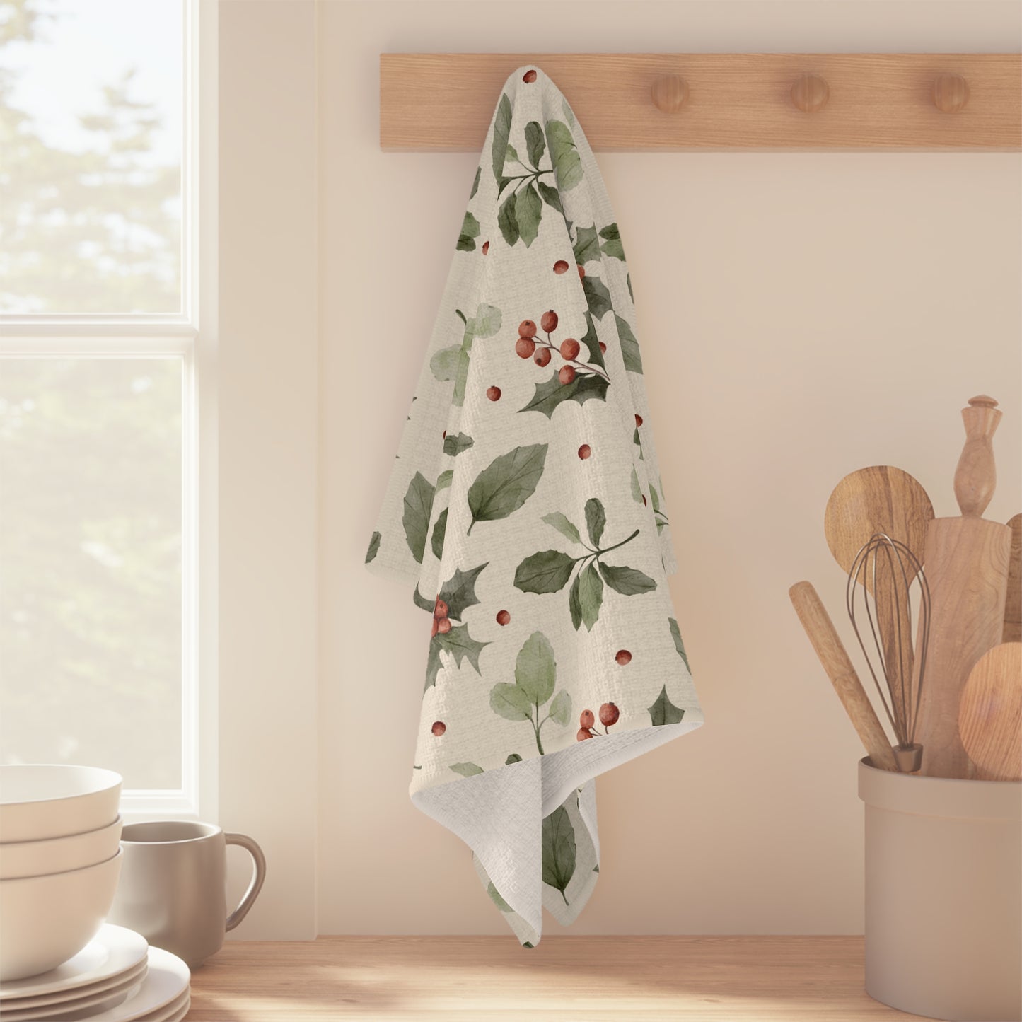 Holiday Holly Microfiber Tea Towel – Festive Greenery & Red Berries Kitchen Towel