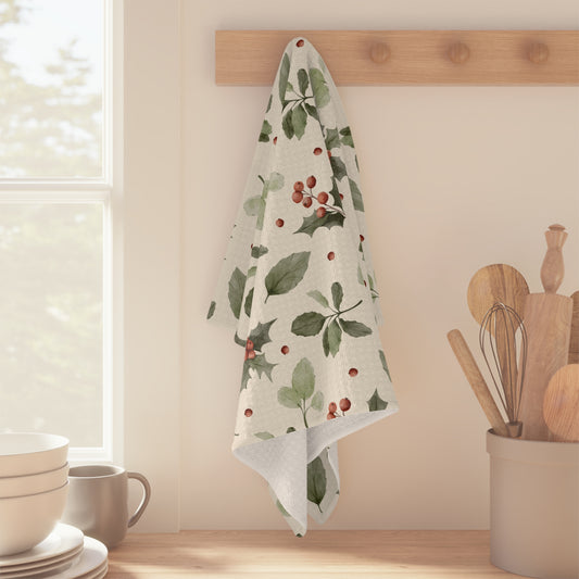 Holiday Holly Microfiber Tea Towel – Festive Greenery & Red Berries Kitchen Towel
