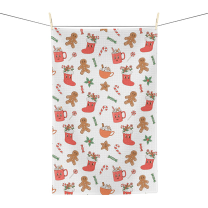 Christmas Cookie Pattern Microfiber Tea Towel — Gingerbread, Stockings & Candy Cane Holiday Kitchen Towel