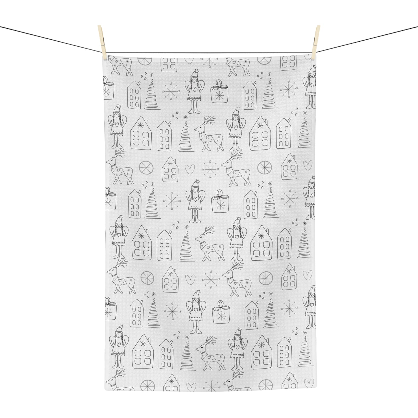 Holiday Doodle Microfiber Tea Towel — Scandinavian Winter Pattern with Reindeer & Gingerbread Houses
