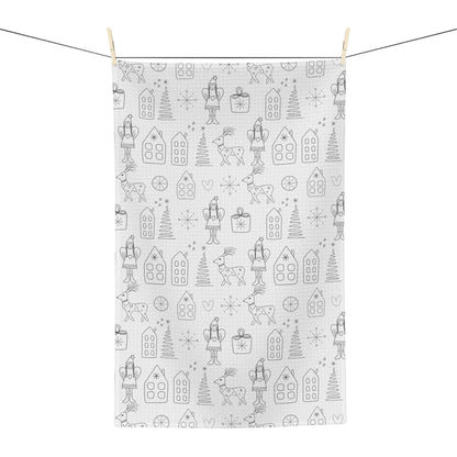 Holiday Doodle Microfiber Tea Towel — Scandinavian Winter Pattern with Reindeer & Gingerbread Houses