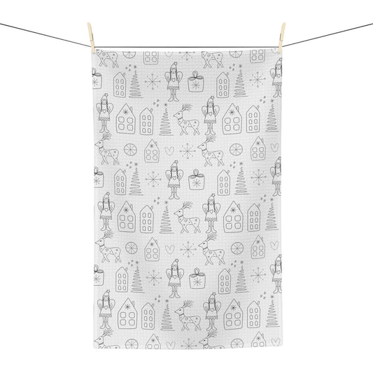 Holiday Doodle Microfiber Tea Towel — Scandinavian Winter Pattern with Reindeer & Gingerbread Houses