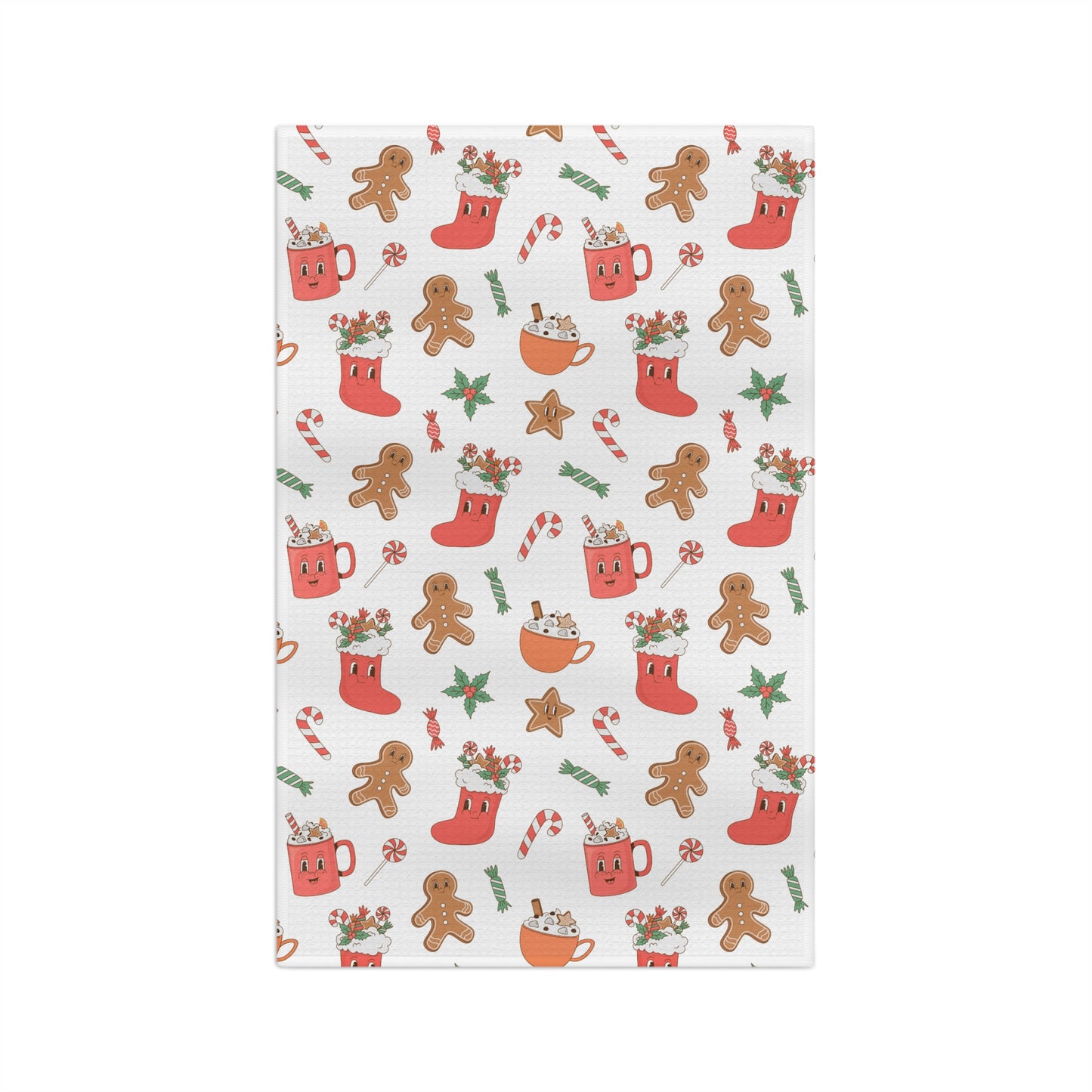 Christmas Cookie Pattern Microfiber Tea Towel — Gingerbread, Stockings & Candy Cane Holiday Kitchen Towel