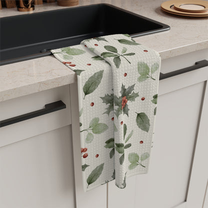 Holiday Holly Microfiber Tea Towel – Festive Greenery & Red Berries Kitchen Towel