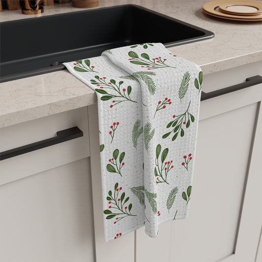 Holiday Mistletoe Microfiber Tea Towel — Festive Green & Red Kitchen Towel