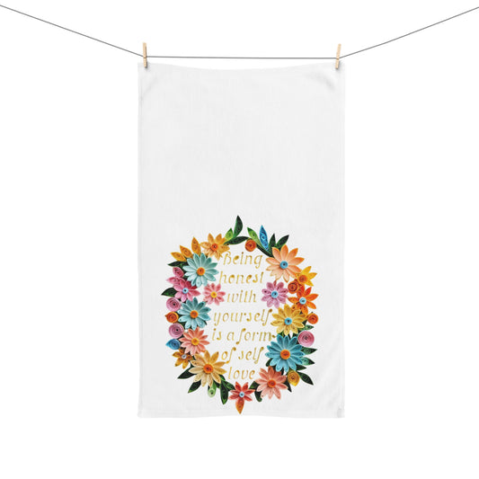 Floral Self-Love Hand Towel, Inspirational Kitchen Towel, Self-Care Gift, Flower Decor, Motivational Home Accessory