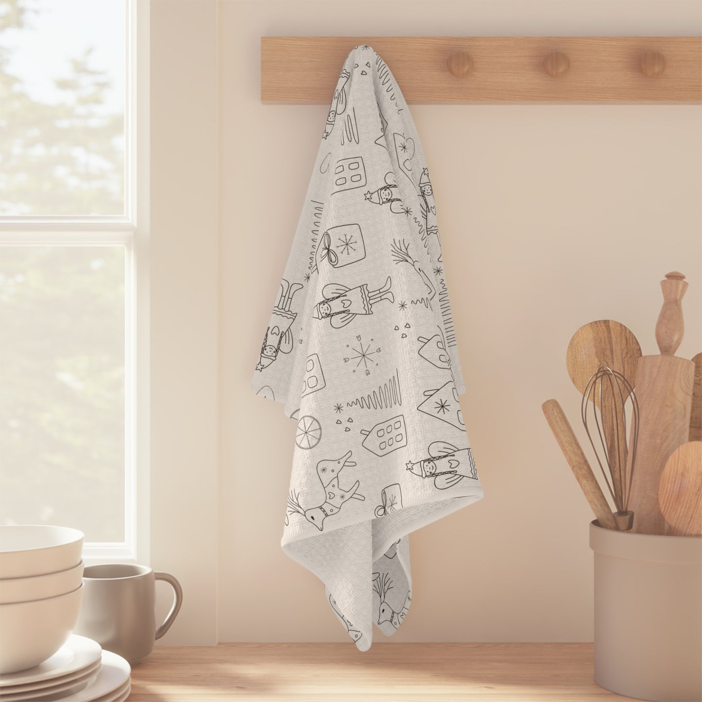 Holiday Doodle Microfiber Tea Towel — Scandinavian Winter Pattern with Reindeer & Gingerbread Houses