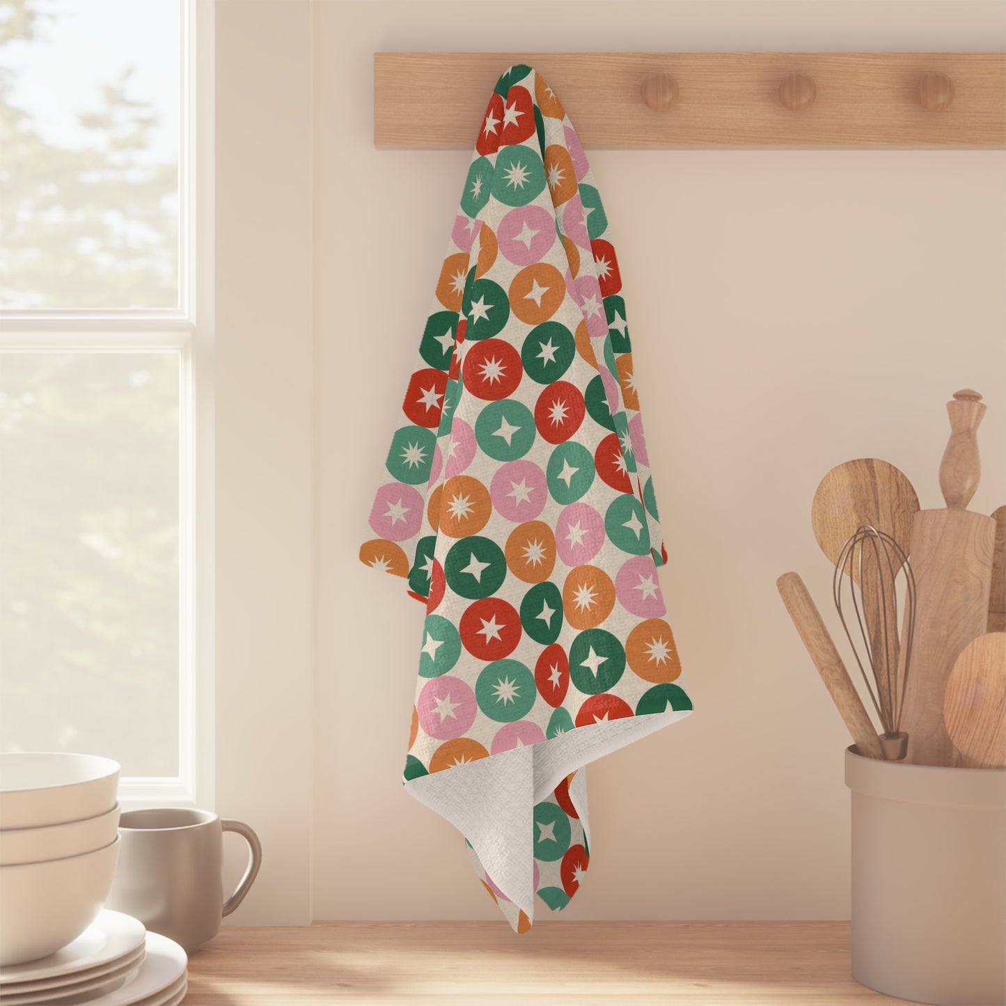 Retro Star Dot Tea Towel — Colorful Midcentury Kitchen Microfiber Towel