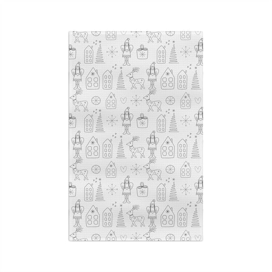 Holiday Doodle Microfiber Tea Towel — Scandinavian Winter Pattern with Reindeer & Gingerbread Houses