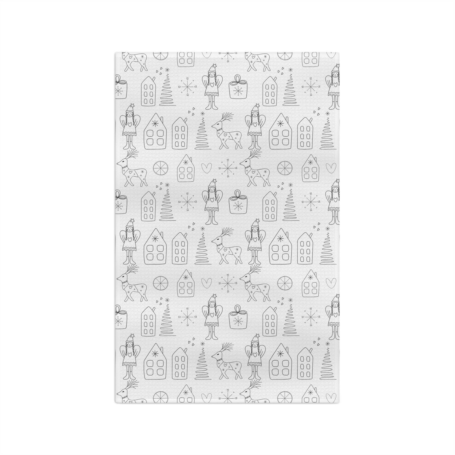 Holiday Doodle Microfiber Tea Towel — Scandinavian Winter Pattern with Reindeer & Gingerbread Houses