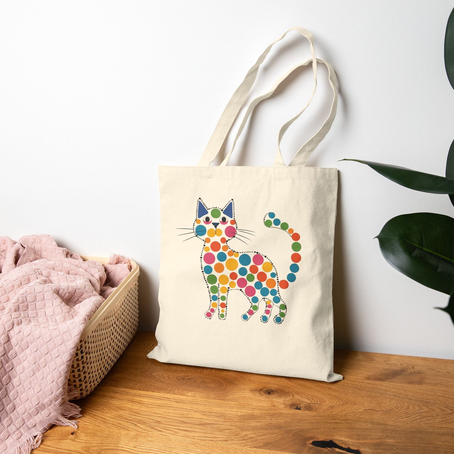 Canvas Tote Bag — Retro Polka Dot Cat Print Reusable Shopper