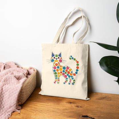 Canvas Tote Bag — Retro Polka Dot Cat Print Reusable Shopper