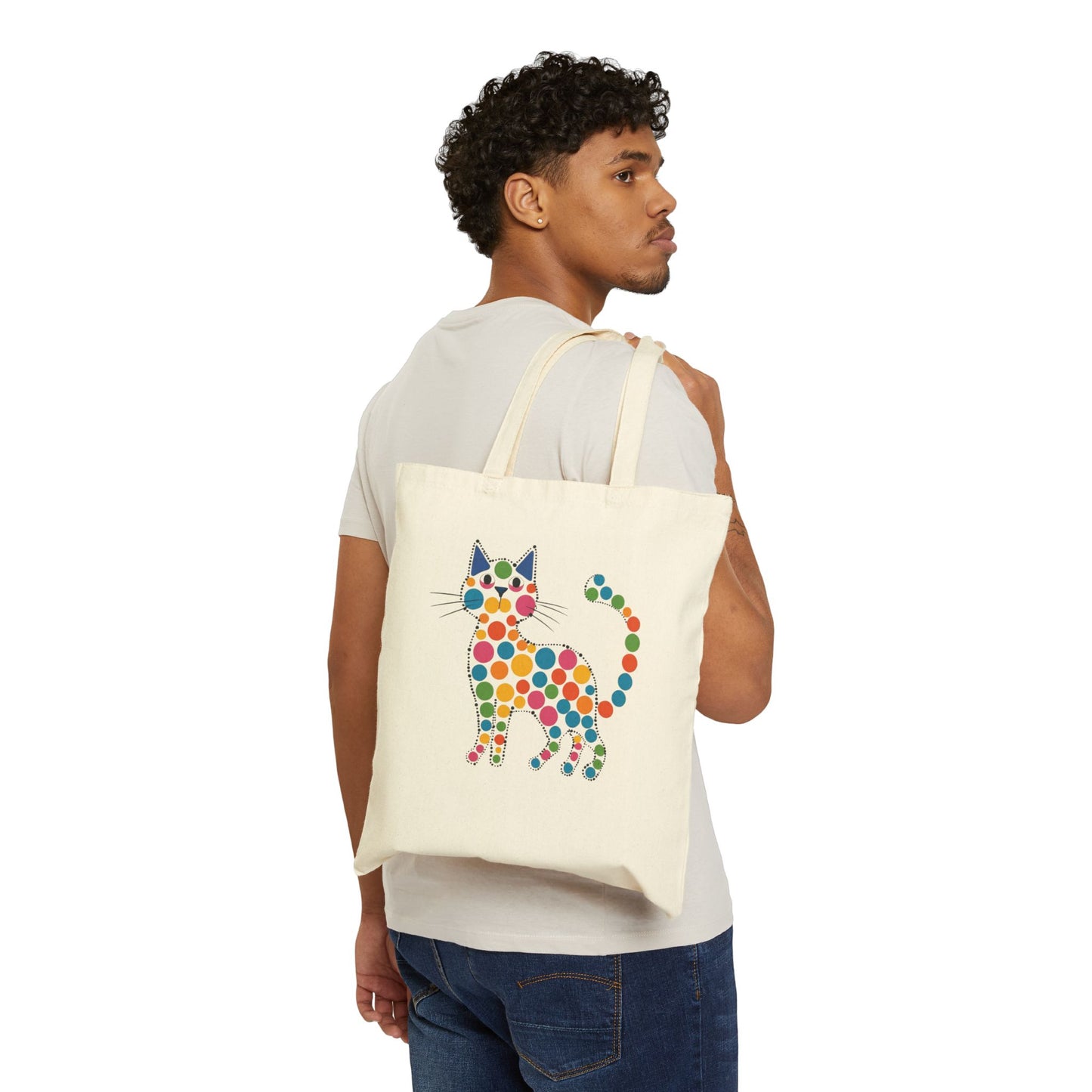 Canvas Tote Bag — Retro Polka Dot Cat Print Reusable Shopper