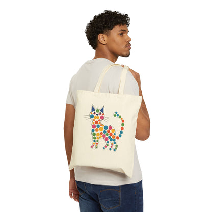 Canvas Tote Bag — Retro Polka Dot Cat Print Reusable Shopper