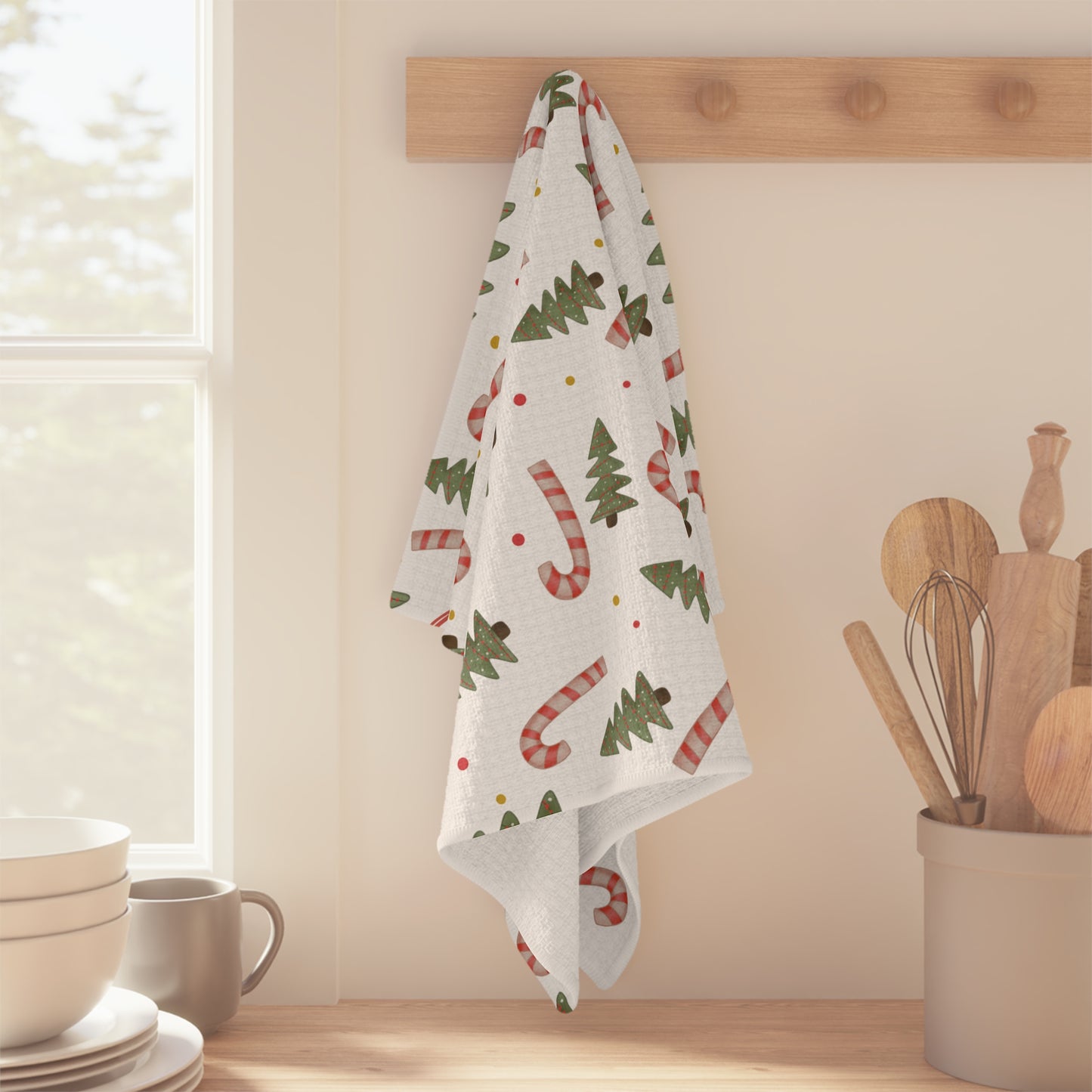 Christmas Candy Cane & Tree Microfiber Tea Towel — Festive Holiday Kitchen Decor