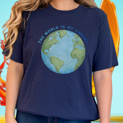 The World Is My Library T-Shirt — Earth Illustration Reading Travel Tee