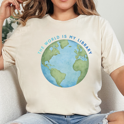 The World Is My Library T-Shirt — Earth Illustration Reading Travel Tee