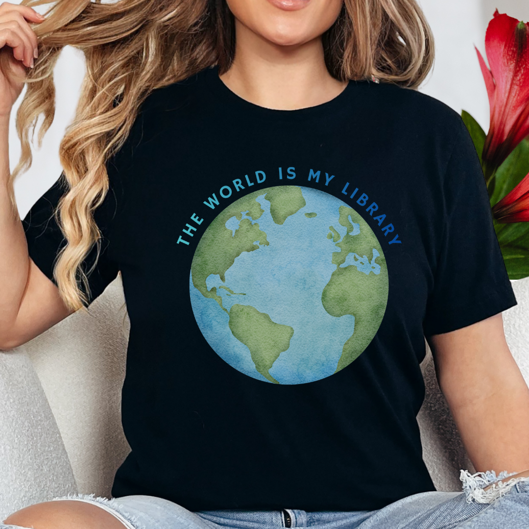 The World Is My Library T-Shirt — Earth Illustration Reading Travel Tee