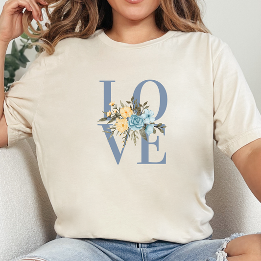 LOVE Blue Typography with Blue & Yellow Flowers