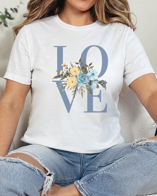 LOVE Blue Typography with Blue & Yellow Flowers