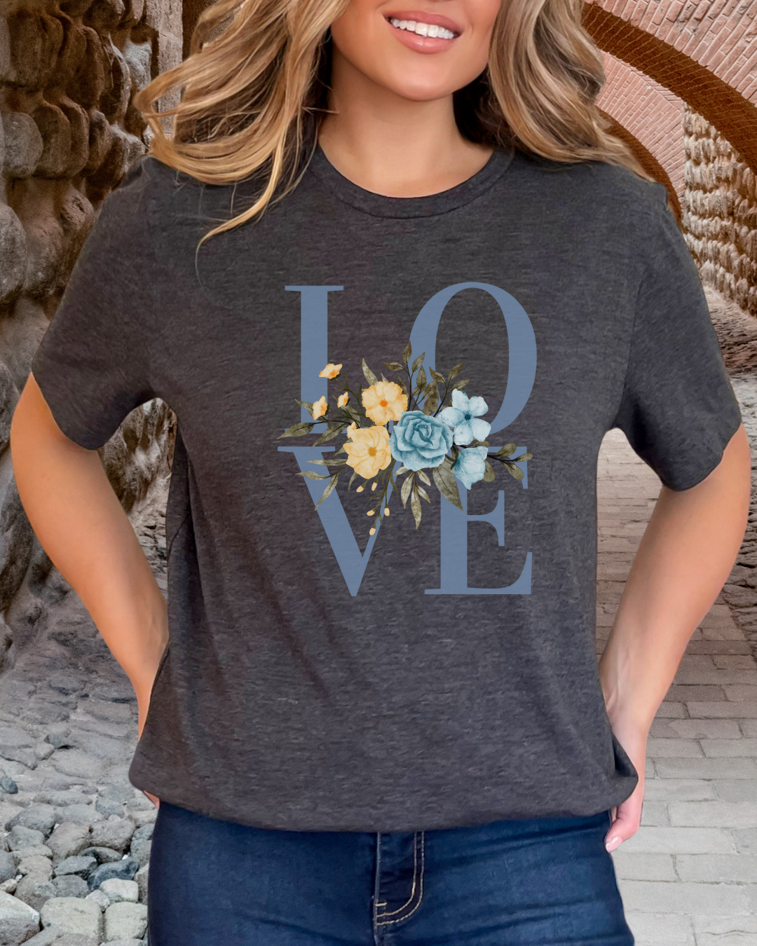 LOVE Blue Typography with Blue & Yellow Flowers