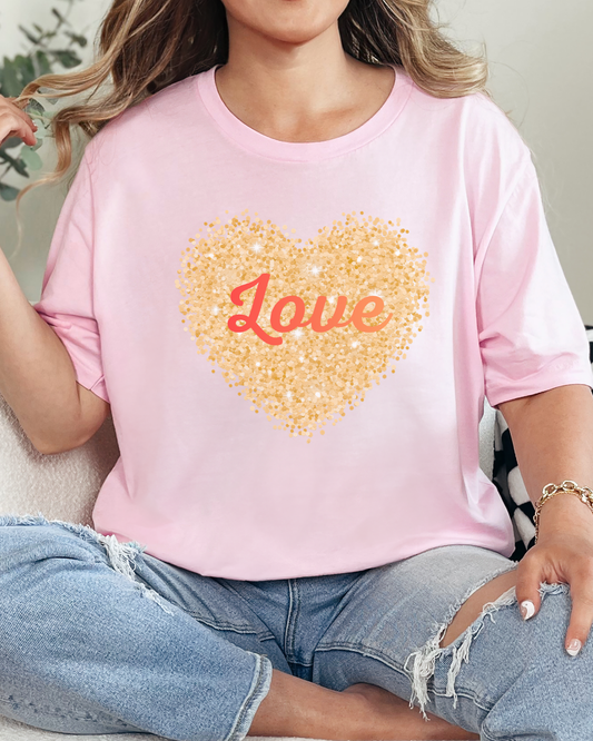 Gold Glitter Love Heart Graphic Tee