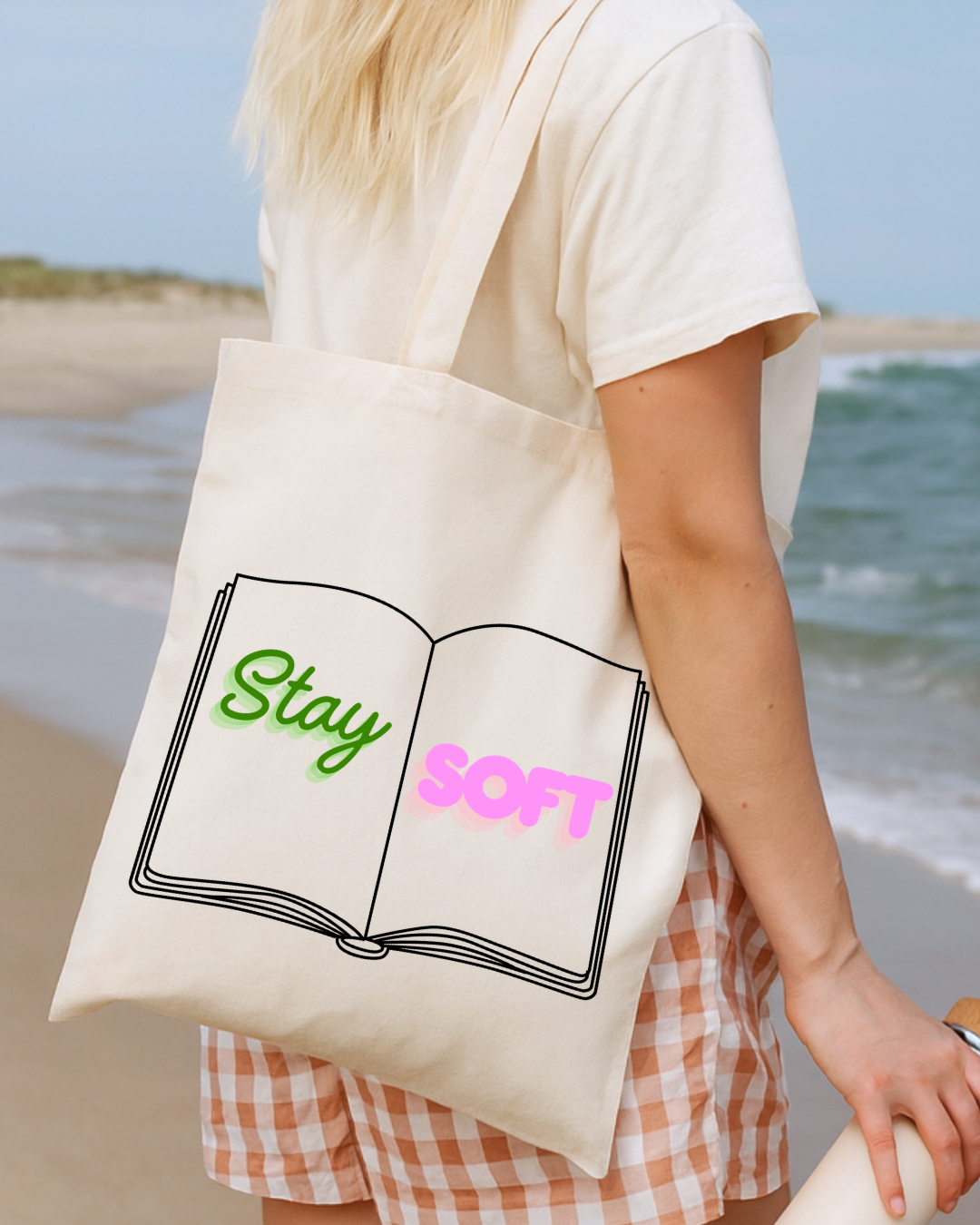 Stay Soft Book Tote Bag — Cute Aesthetic Canvas Shopper