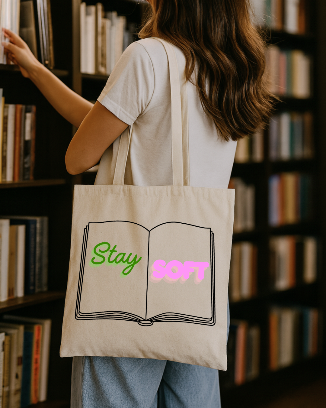 Stay Soft Book Tote Bag — Cute Aesthetic Canvas Shopper
