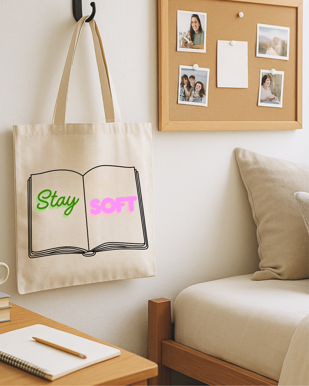 Stay Soft Book Tote Bag — Cute Aesthetic Canvas Shopper
