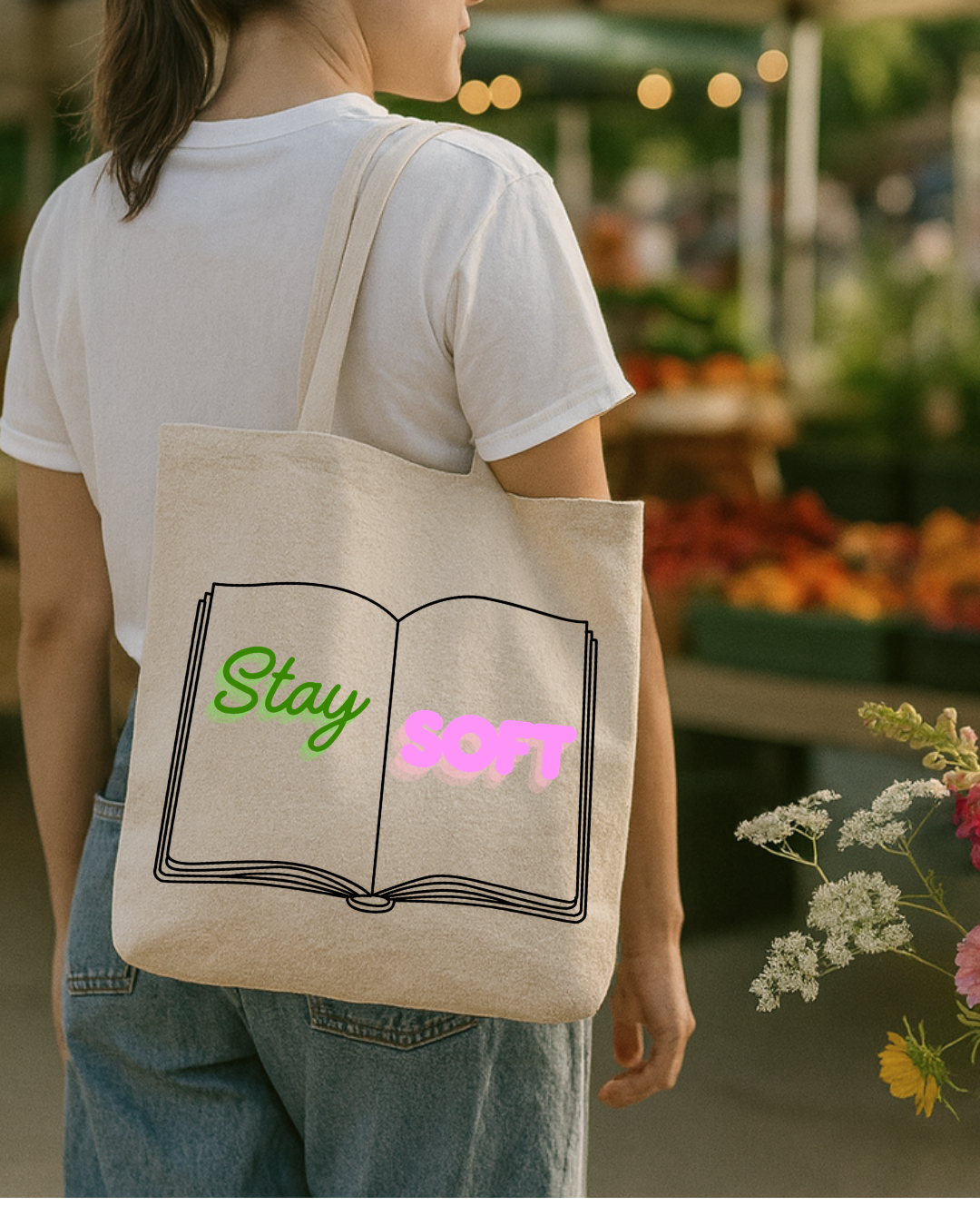 Stay Soft Book Tote Bag — Cute Aesthetic Canvas Shopper