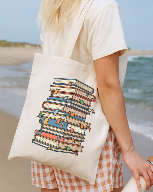 Book Lover Tote Bag — Stacked Vintage Books Canvas Grocery & Library Tote