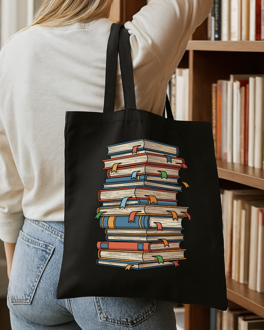 Book Lover Tote Bag — Stacked Vintage Books Canvas Grocery & Library Tote
