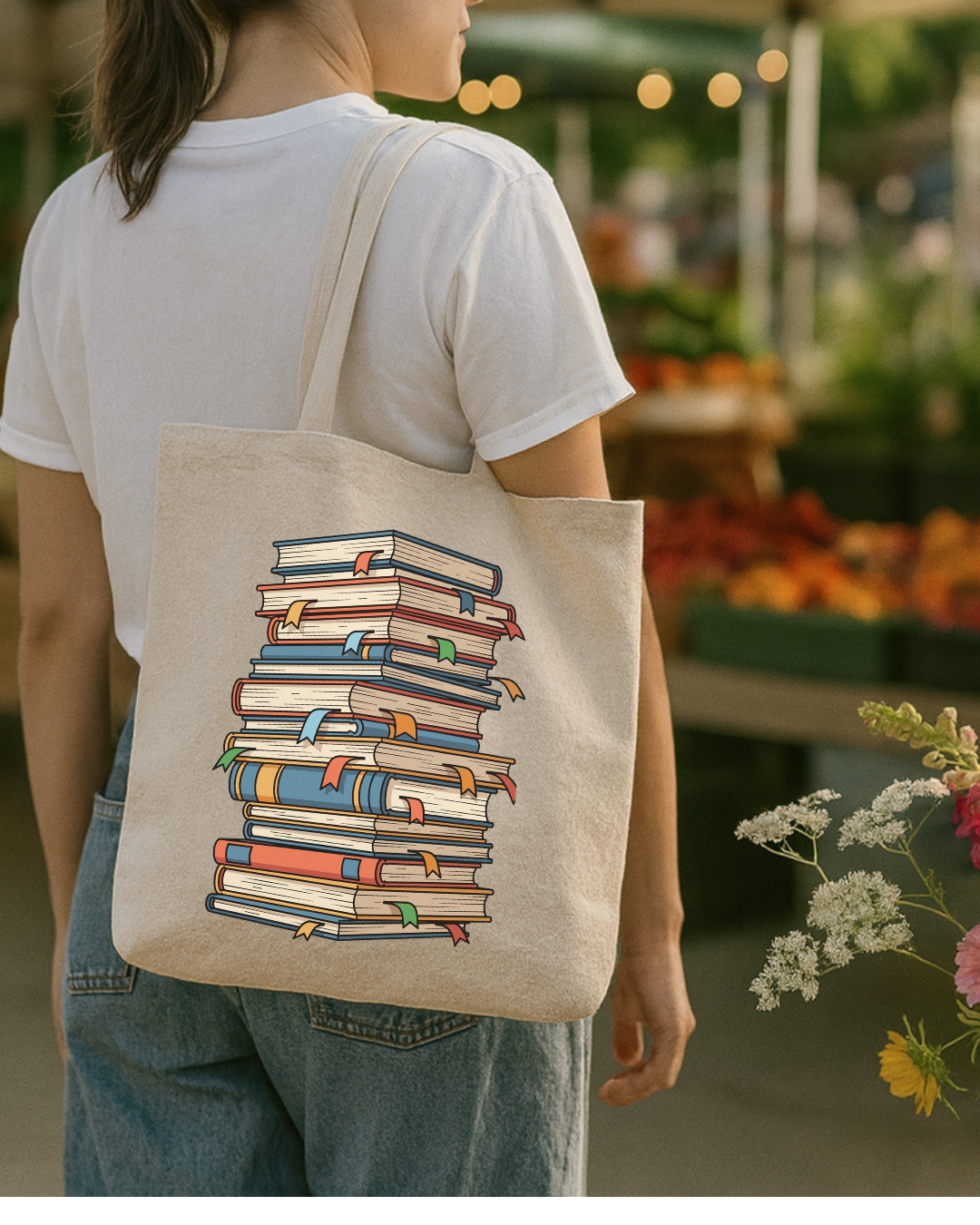 Book Lover Tote Bag — Stacked Vintage Books Canvas Grocery & Library Tote