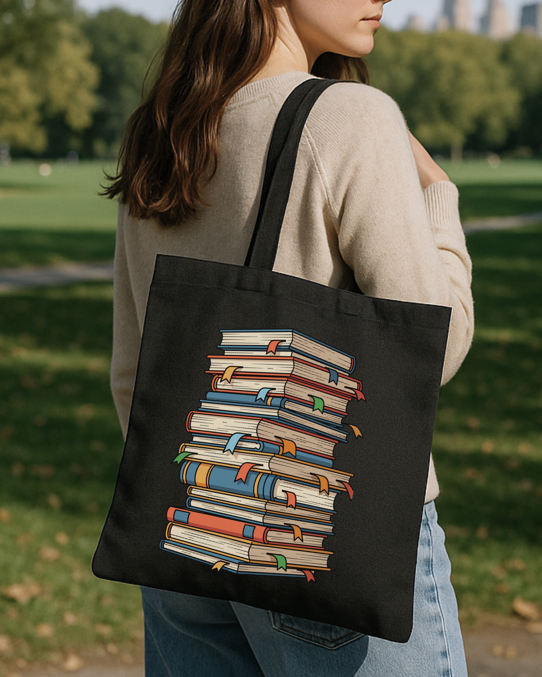 Book Lover Tote Bag — Stacked Vintage Books Canvas Grocery & Library Tote