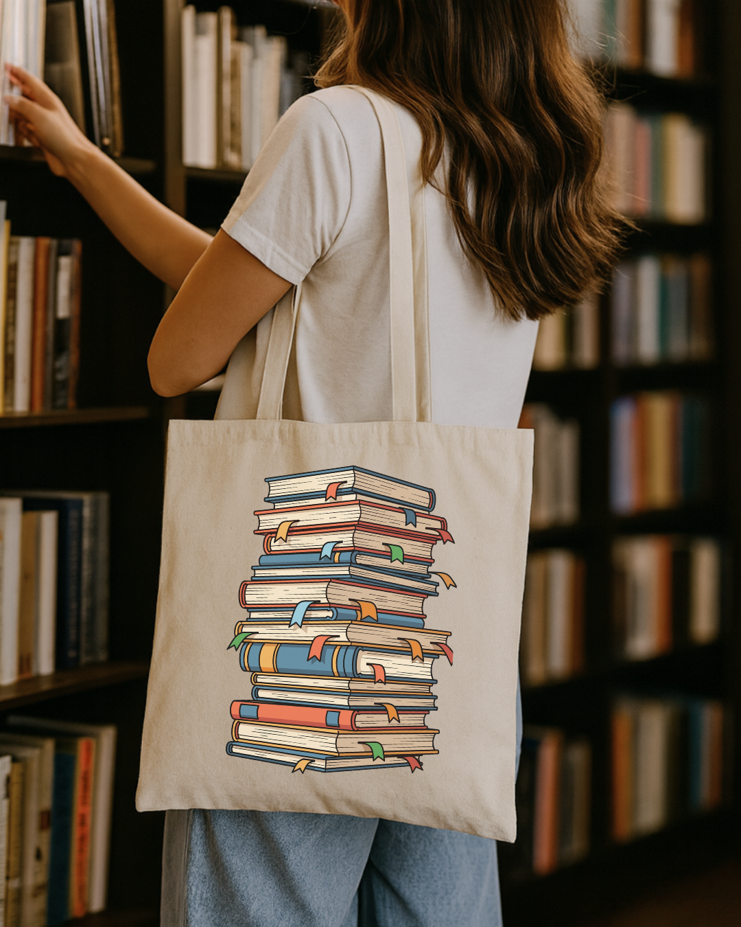 Book Lover Tote Bag — Stacked Vintage Books Canvas Grocery & Library Tote