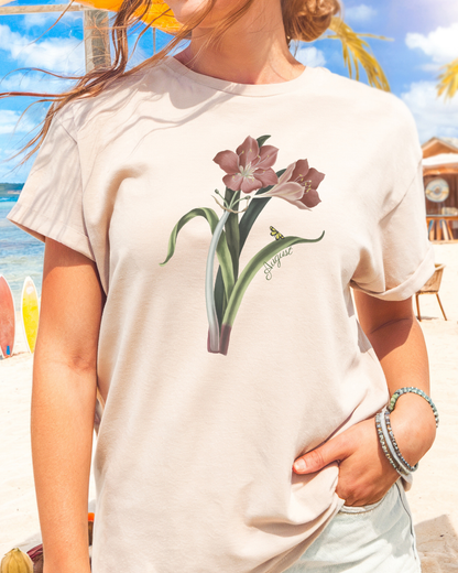 August Birth Flower Tee Gladiolus — Vintage Floral Plant Illustration T‑Shirt