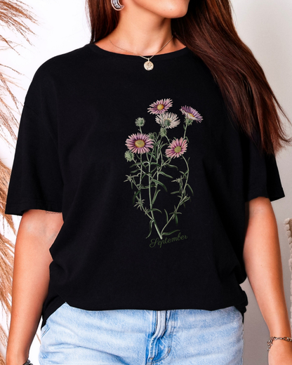 September Birth Flower Aster Tee — Vintage Wildflower for Nature Lovers