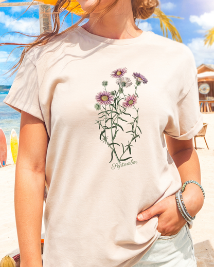 September Birth Flower Aster Tee — Vintage Wildflower for Nature Lovers